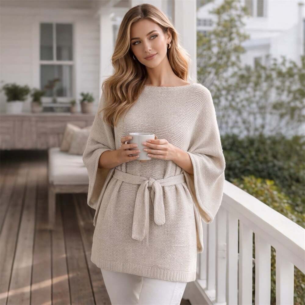 Pure Handknit 100% Cotton Sweater S/M Belted Long Length Beige Small Medium Belt